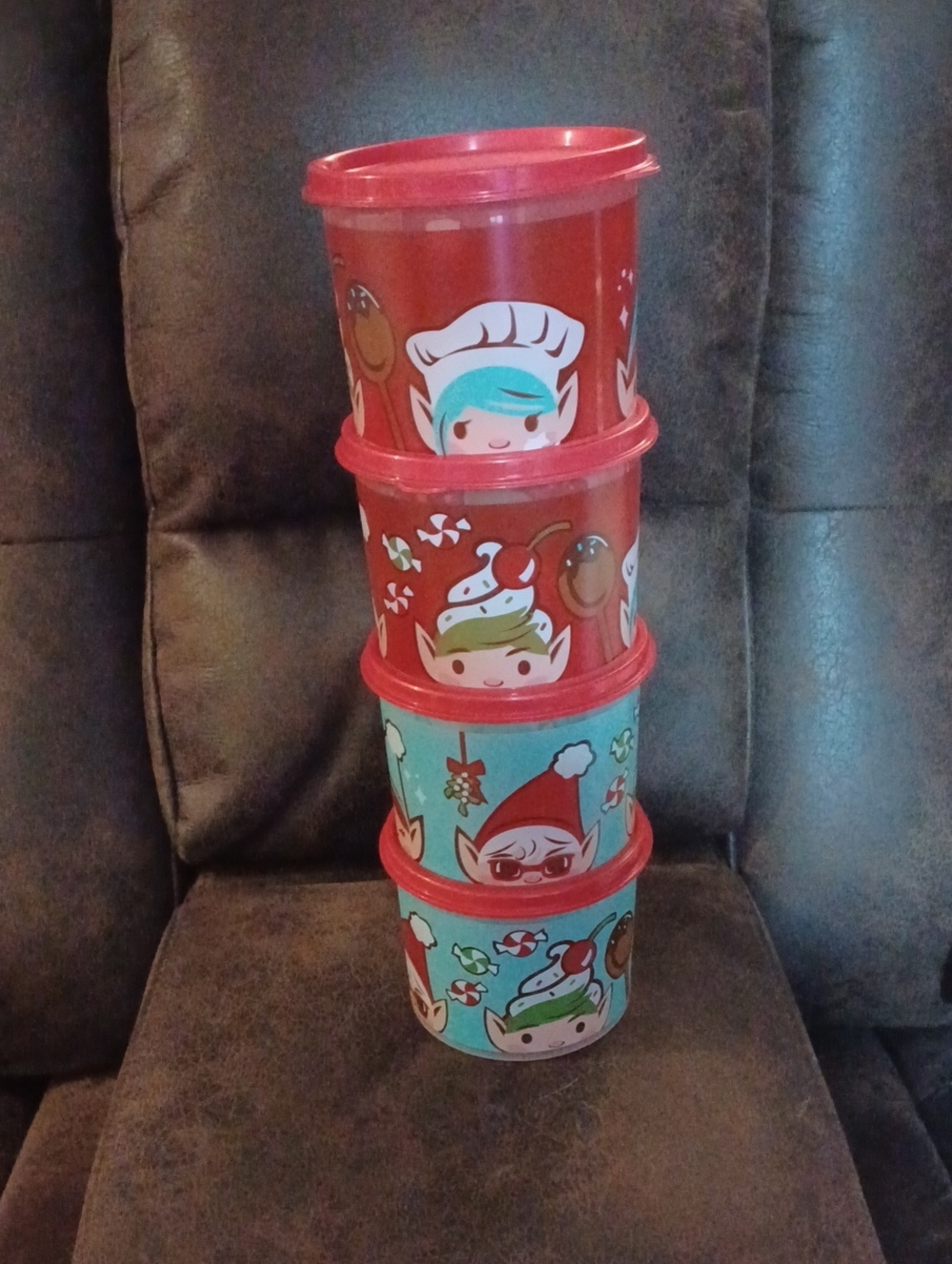 4/$80 Festive Red & Teal Holiday Tupperware Storage Containers - Set Of 4 & Lids